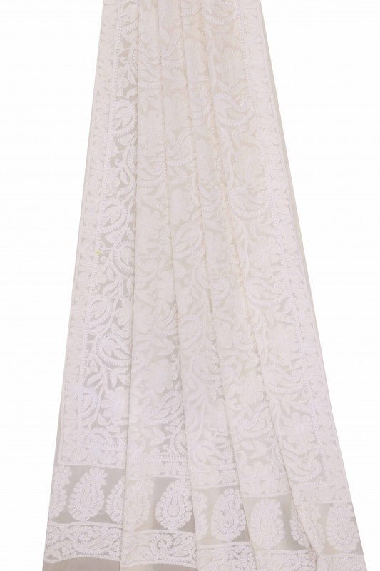 Ada Hand Embroidered White Pure Georgette Lucknowi Chikankari Dupatta -A589252