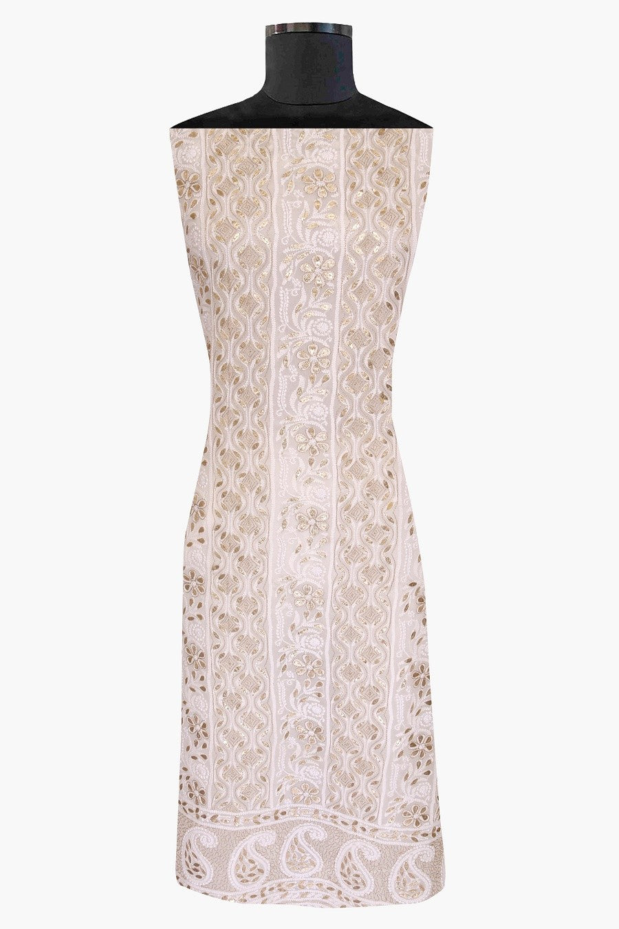 Ada Hand Embroidered White Georgette Lucknowi Chikan Unstitched Kurta Dupatta Set with Gota Patti Work A480887