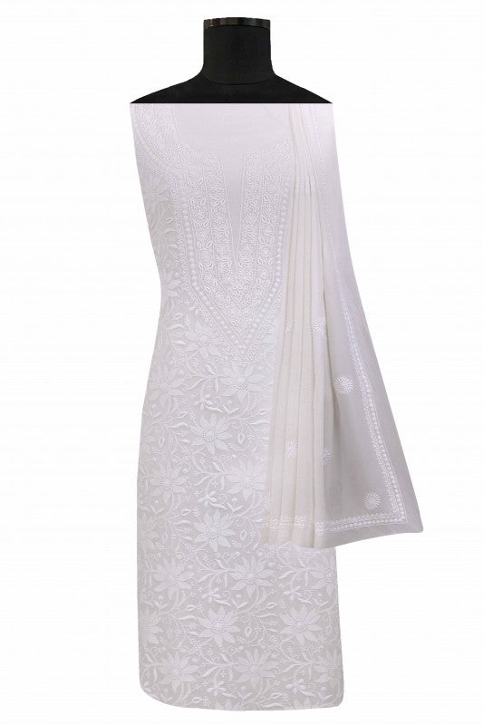Ada Hand Embroidered White Pure Georgette Lucknowi Chikan Unstitched Kurta Dupatta Set A385943