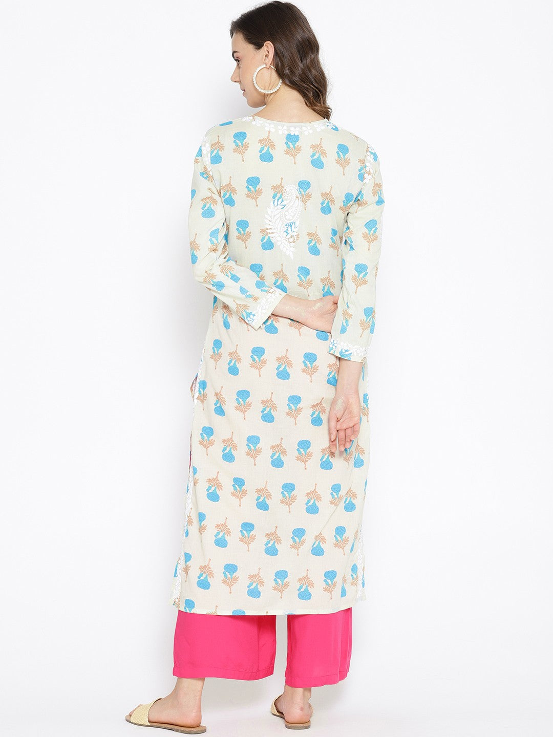 Ada Hand Embroidered Fawn Blue Cotton Lucknowi Chikankari Straight Kurta- A100036