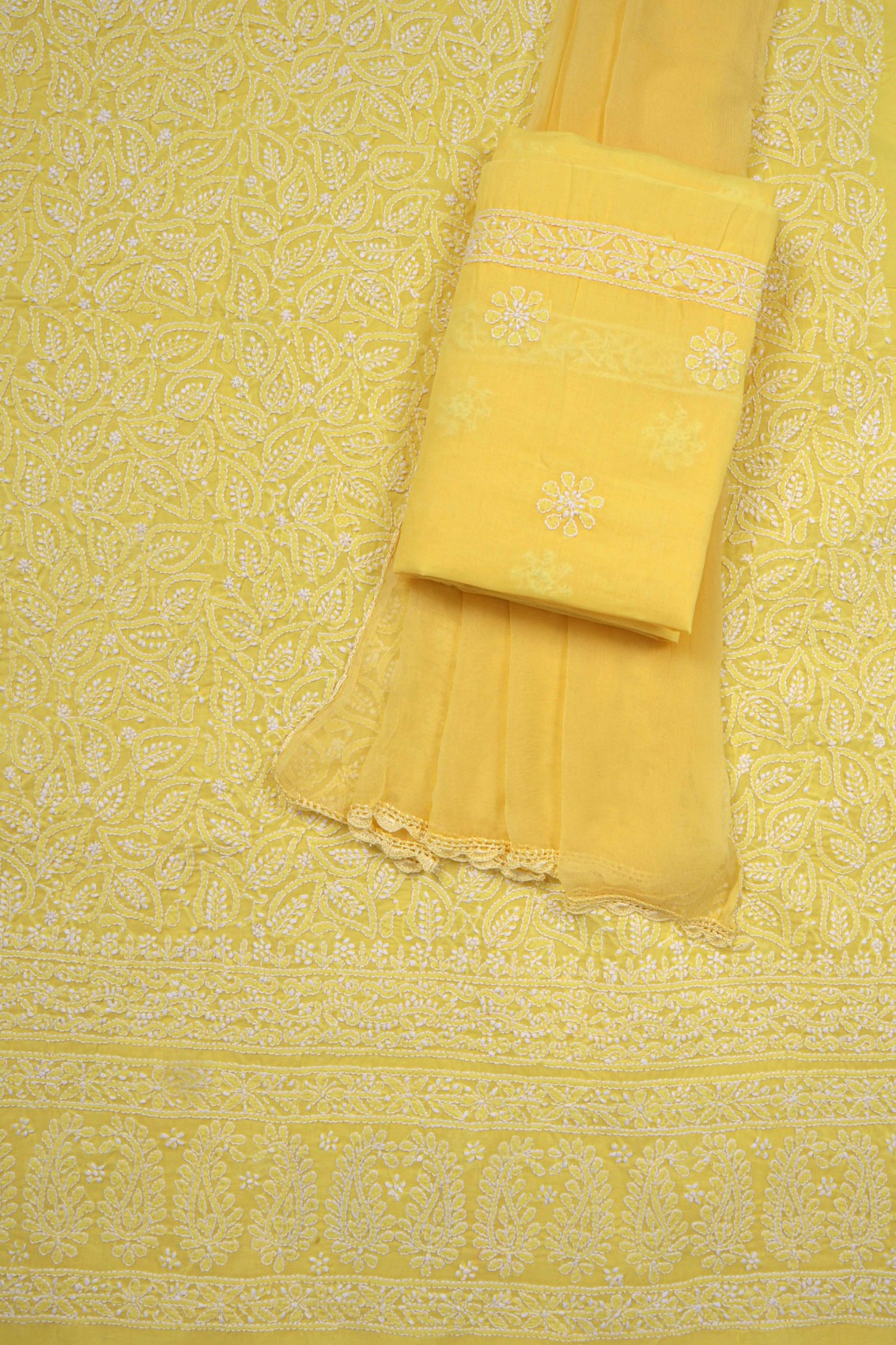 Ada Hand Embroidered Yellow Cotton Lucknowi Chikankari Unstitched Suit Piece 01A137314