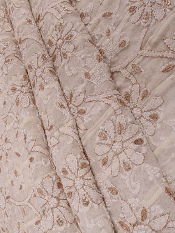 Ada Hand Embroidered White Georgette Lucknowi Chikan Unstitched Anarkali Set with Gota Patti Work A376108