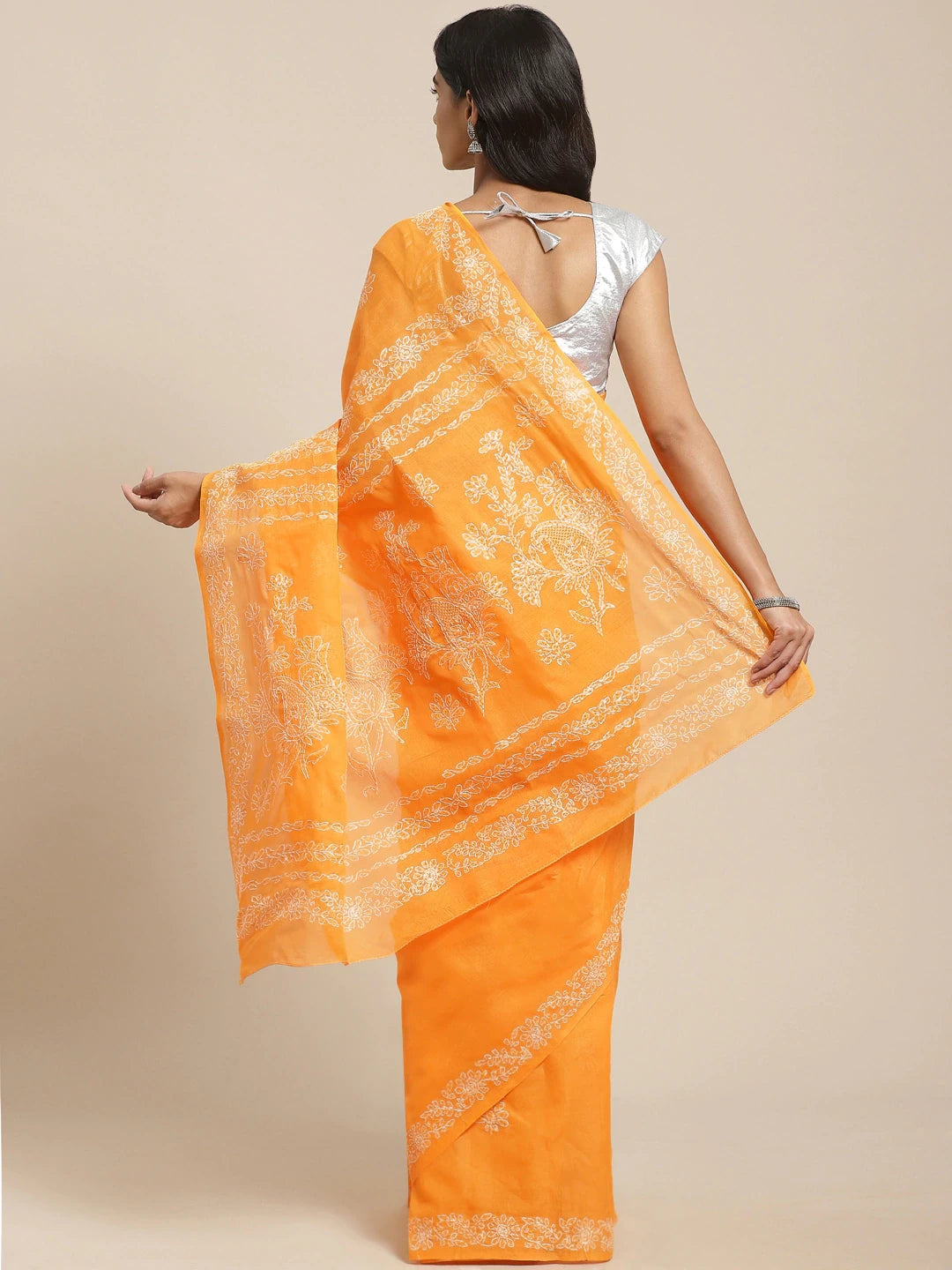 Ada Hand Embroidered Mustard Cotton Lucknow Chikan Saree With Blouse A311128