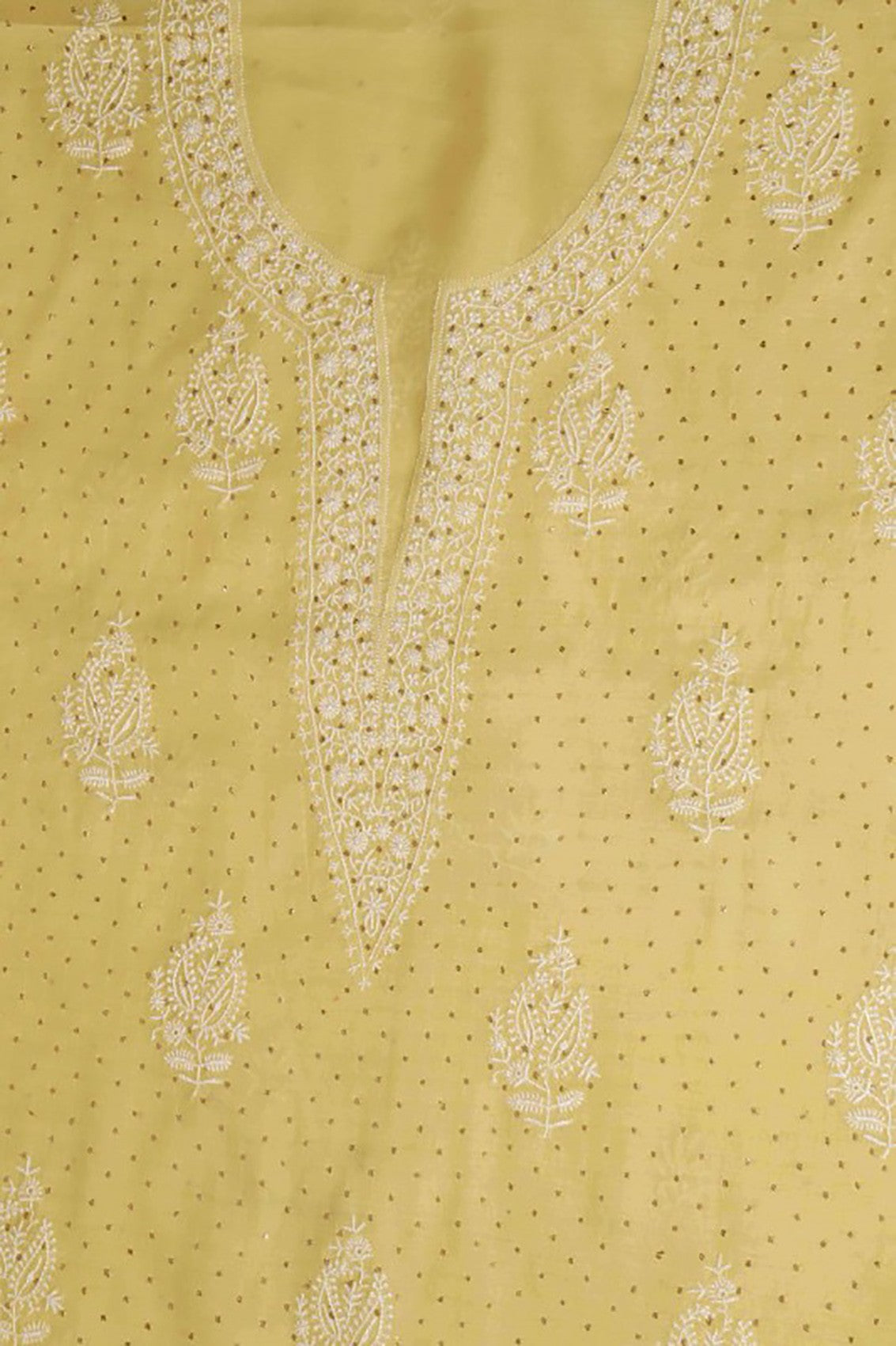 Ada Hand Embroidered Lemon Chanderi Lucknowi Chikankari Unstitched Suit Piece With Muqaish Work 01A86279