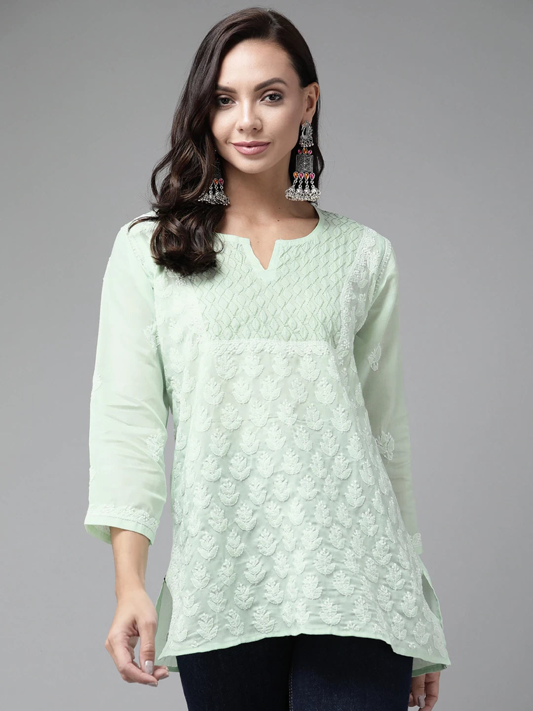 Ada Hand Embroidered Green Cotton Lucknow Chikan Short Kurti A911215