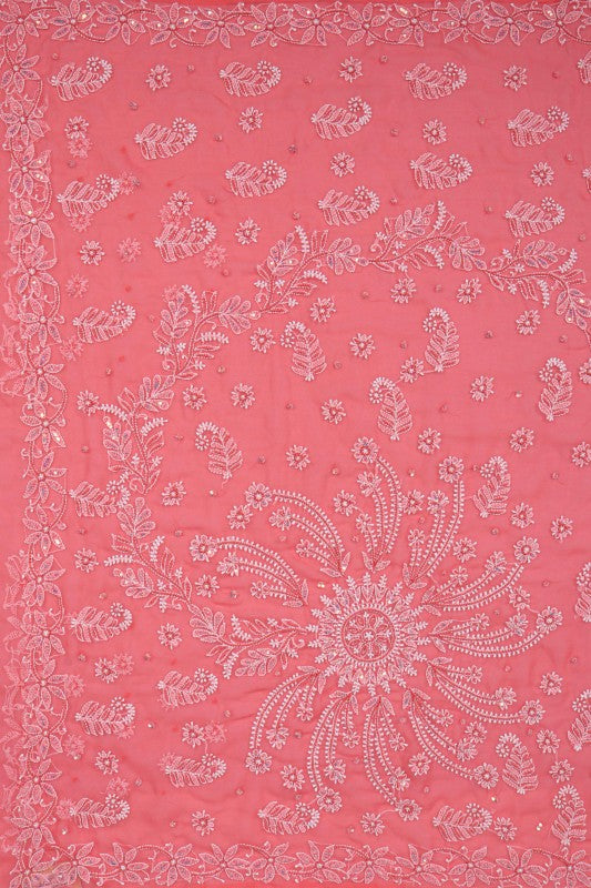 Ada Hand Embroidered Carrot Pink Georgette Lucknowi Chikankari Saree/Blouse With Pearl Work 01A194037