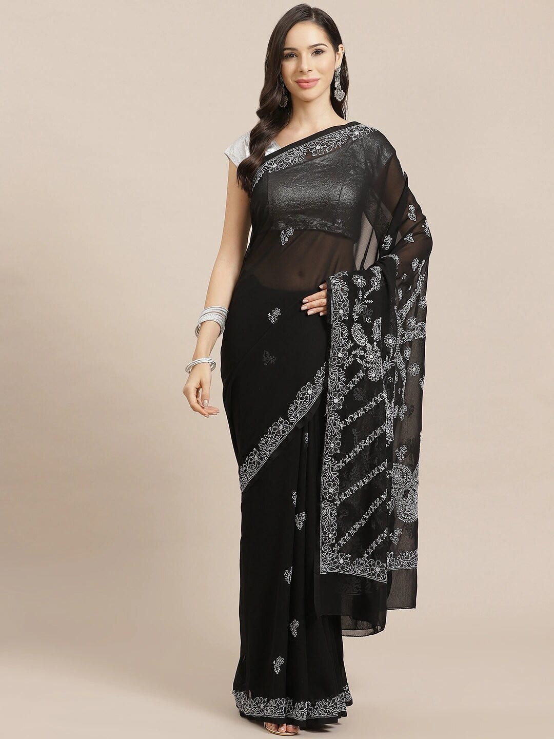 Ada Hand Embroidered Black Georgette Lucknow Chikan Saree With Blouse A130251