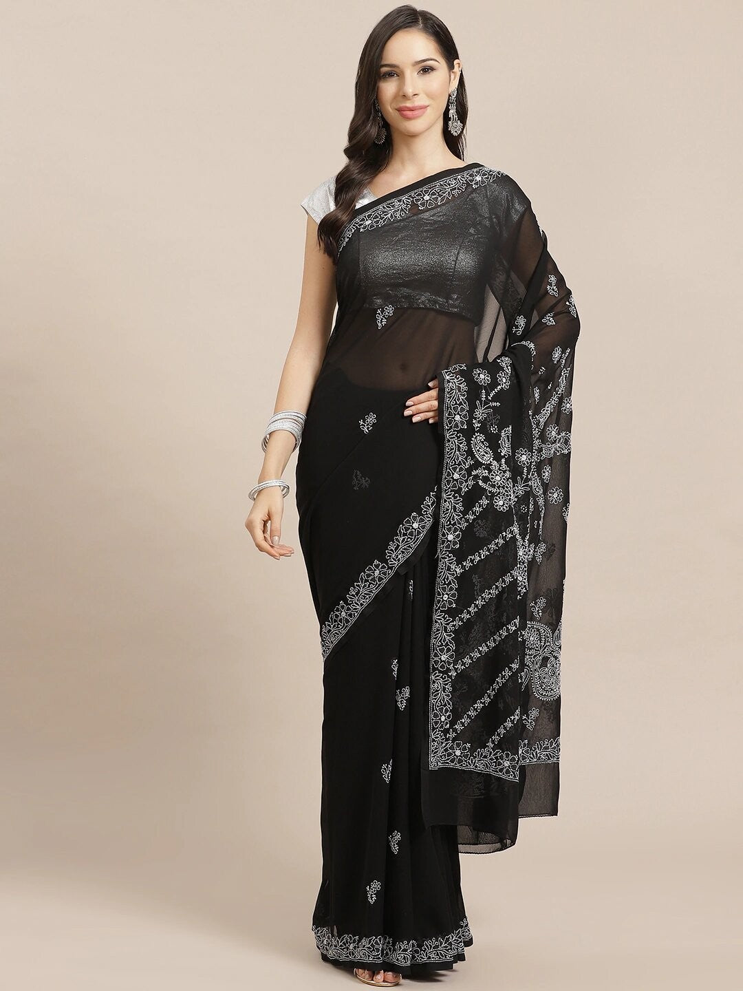 Ada Hand Embroidered Black Georgette Lucknow Chikan Saree With Blouse A130251