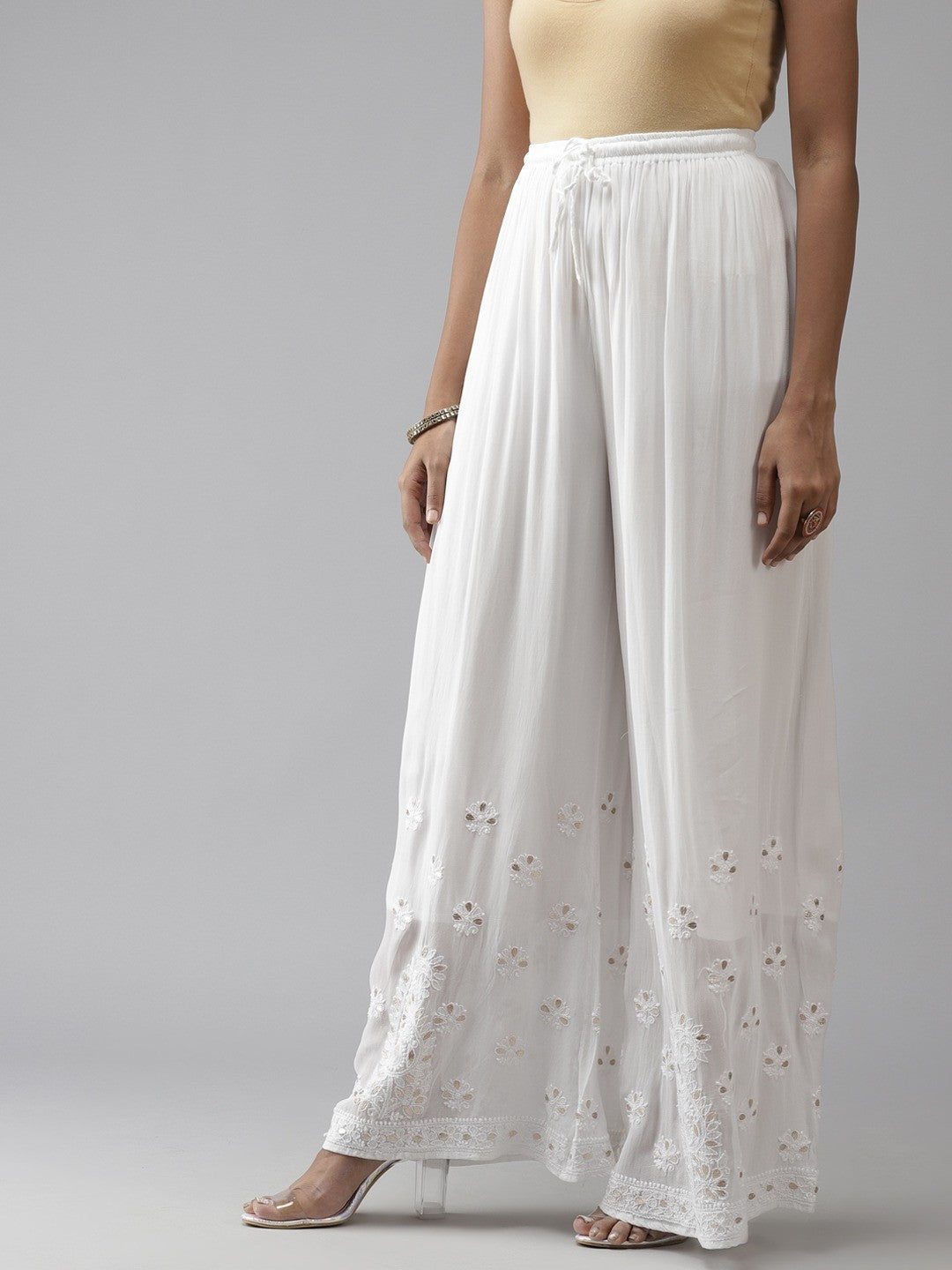Ada Hand Embroidered White Georgette Lucknowi Chikankari Palazzo With Gota Patti Work A711143