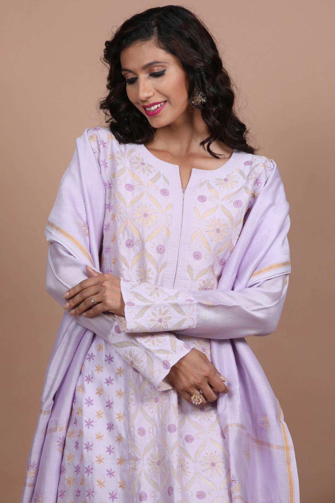 Ada Hand Embroidered Lilac Chanderi Lucknowi Chikankari Semi-stitched Kurta Dupatta Set 01A224141