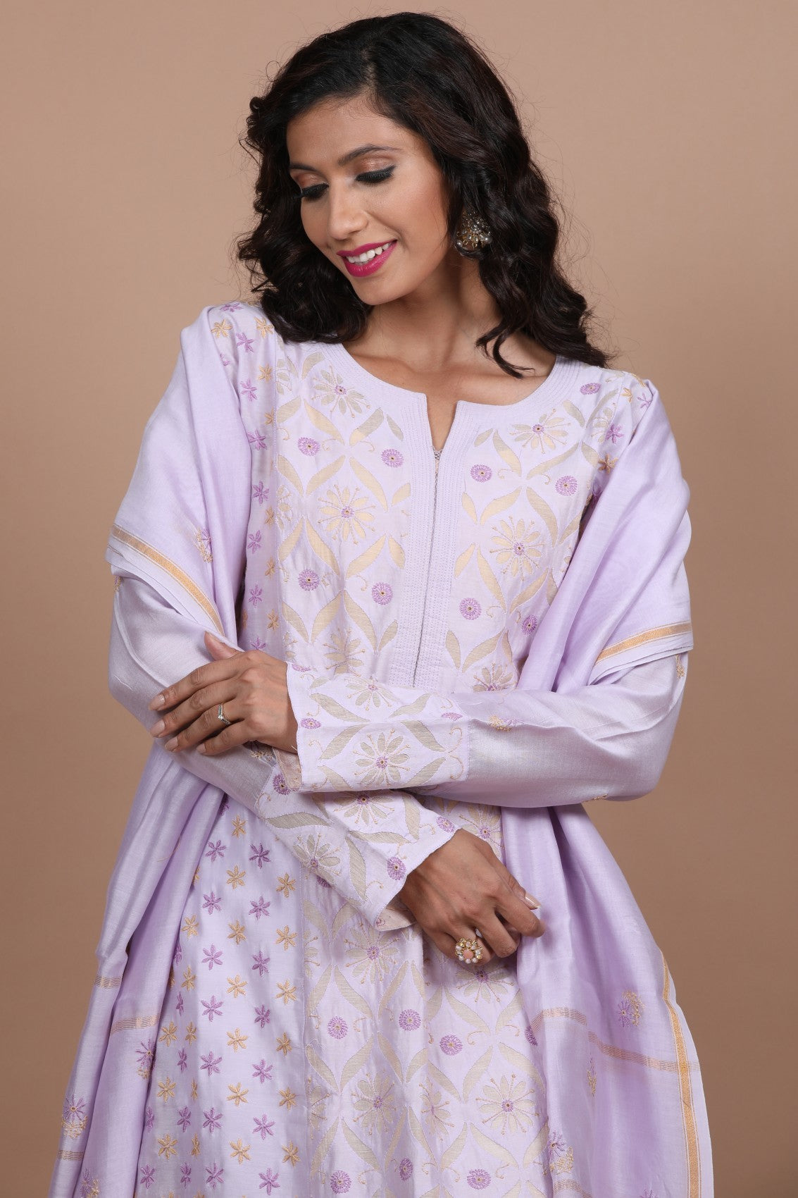 Ada Hand Embroidered Lilac Chanderi Lucknowi Chikankari Semi-stitched Kurta Dupatta Set 01A224141
