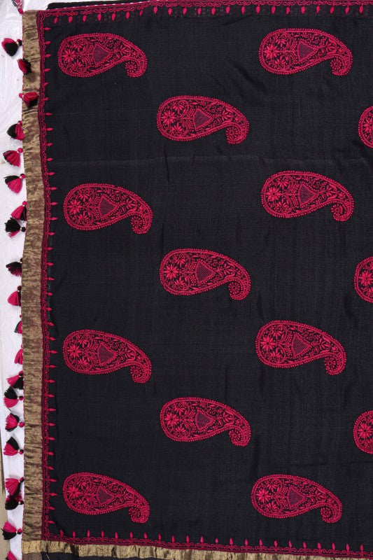 Ada Hand Embroidered Black Dual Shade Ghicha Silk Lucknowi Chikankari Saree With Blouse A49744