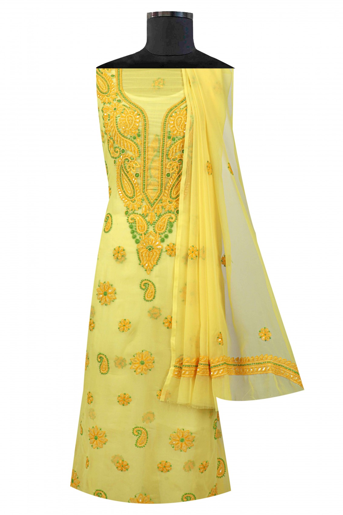 Ada Hand Embroidered Yellow Georgette Lucknowi Chikankari Unstitched Suit Piece With Pearl Work 01A41449