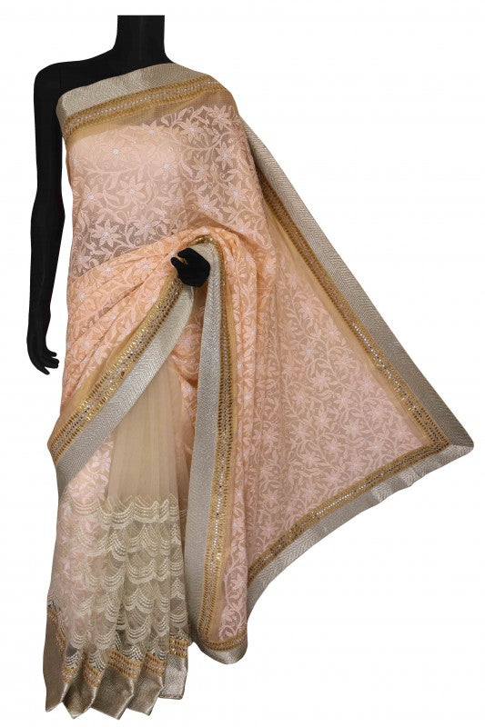 Ada Hand Embroidered Peach Kota Lucknowi Chikankari Saree With Blouse- A476123