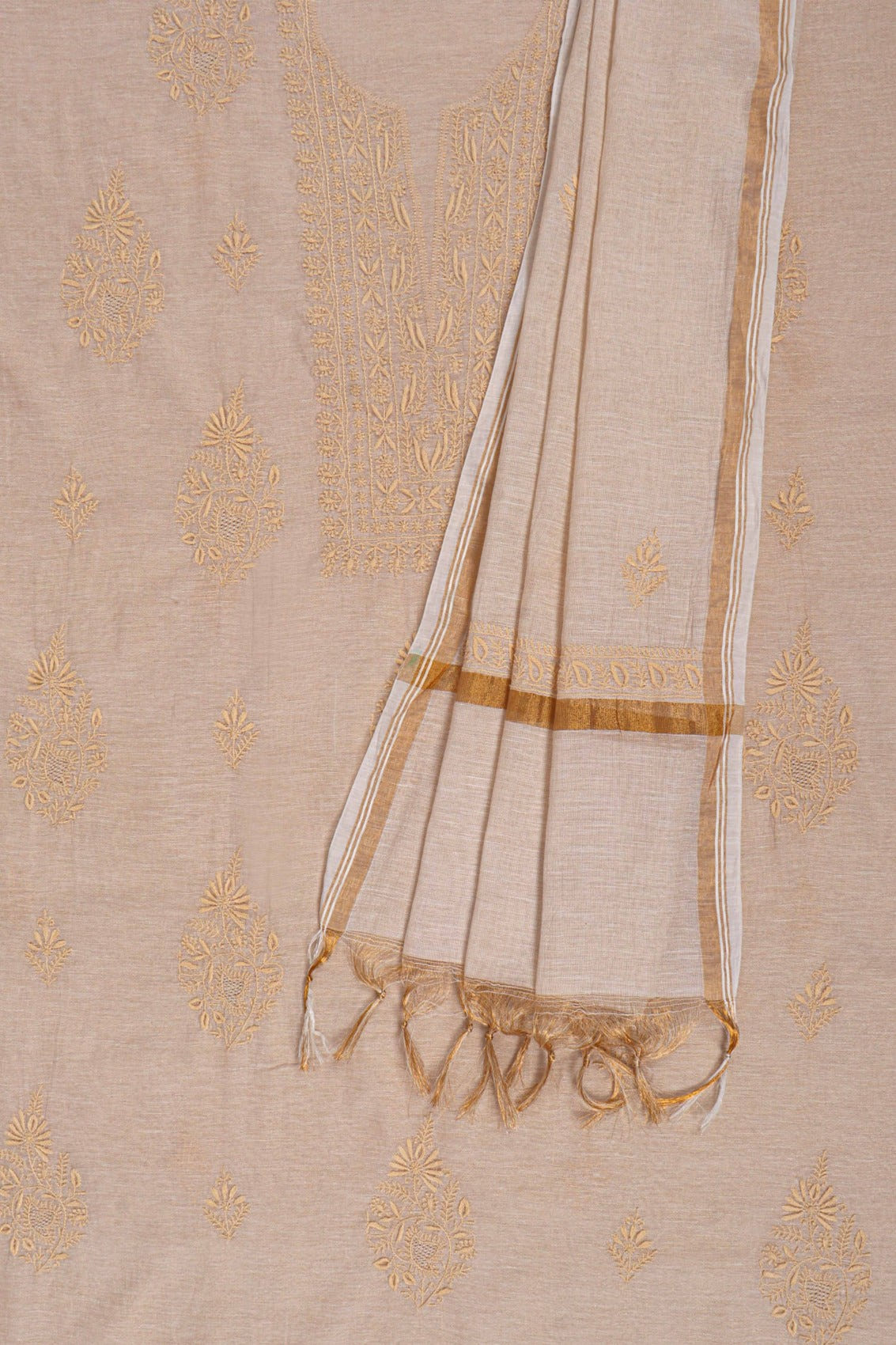 Ada Hand Embroidered Natural Fawn Tissue Lucknowi Chikankari Unstitched Kurta Dupatta Set 01A138184
