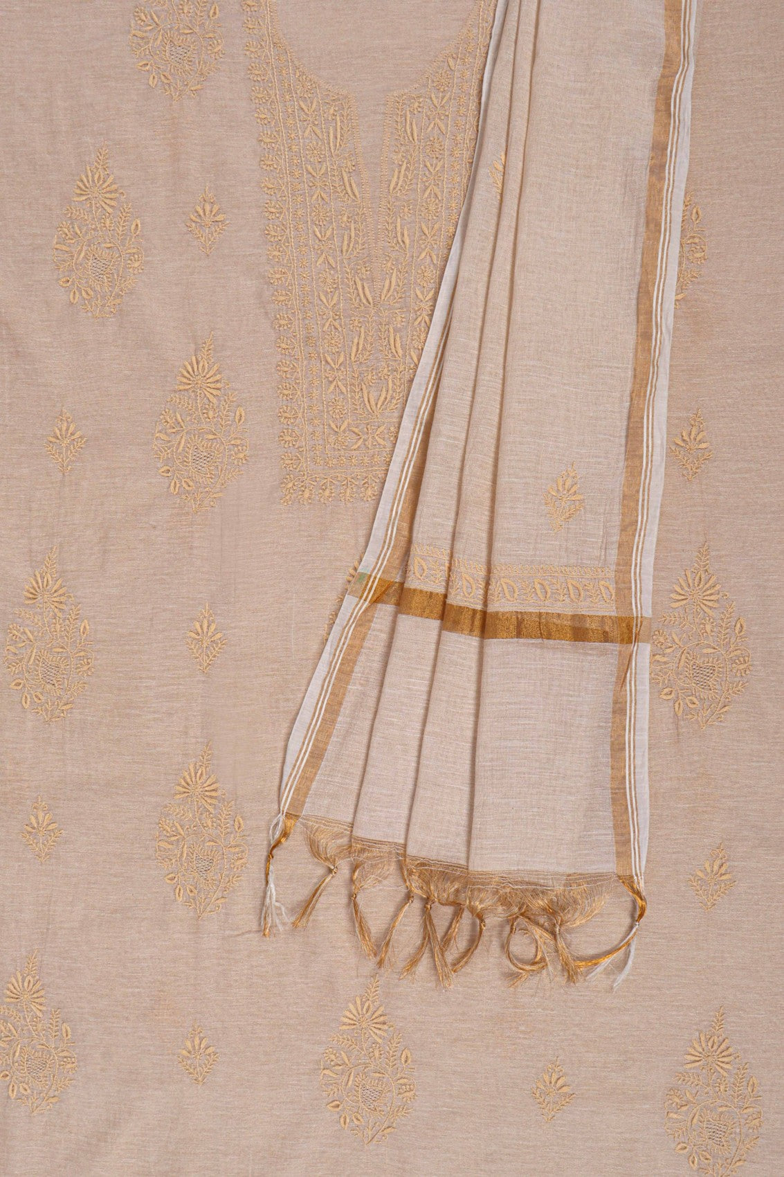 Ada Hand Embroidered Natural Fawn Tissue Lucknowi Chikankari Unstitched Kurta Dupatta Set 01A138184