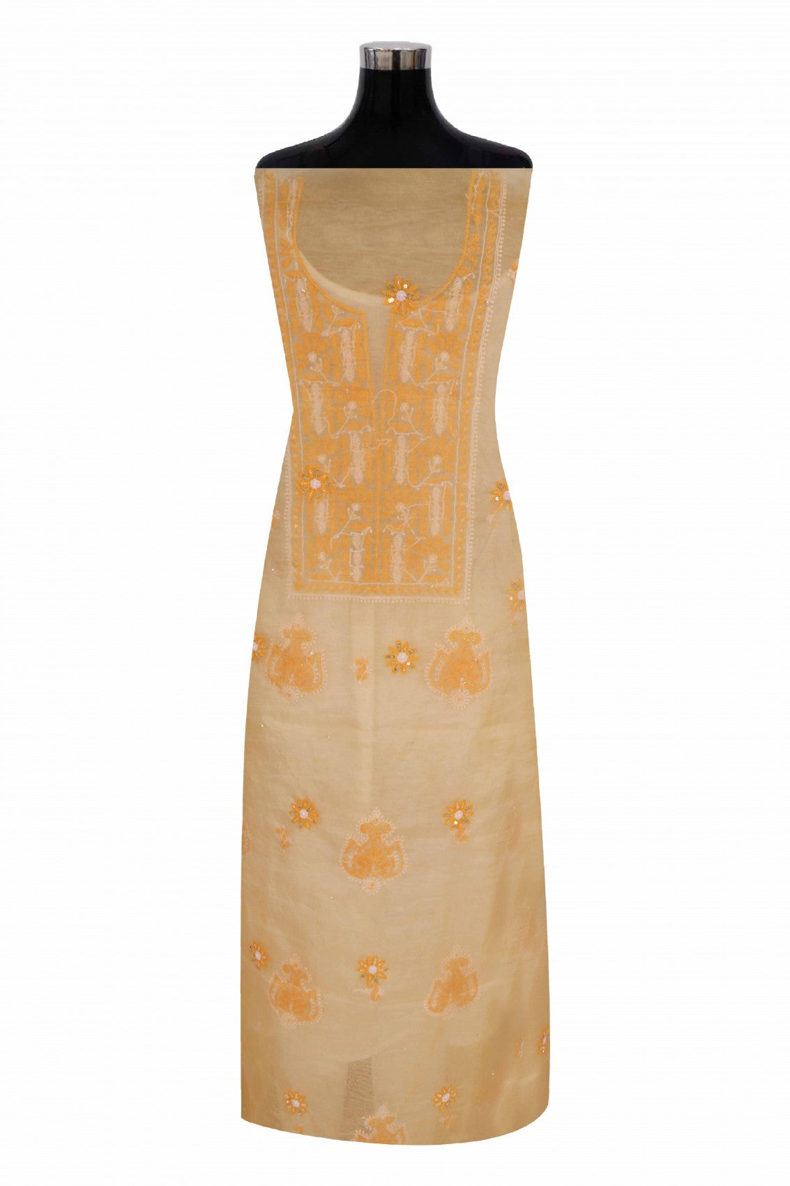 Ada Hand Embroidered Tangerine Orange Organza Lucknowi Chikankari Unstitched Kurta Dupatta Set With Sequinned Work 01A133669