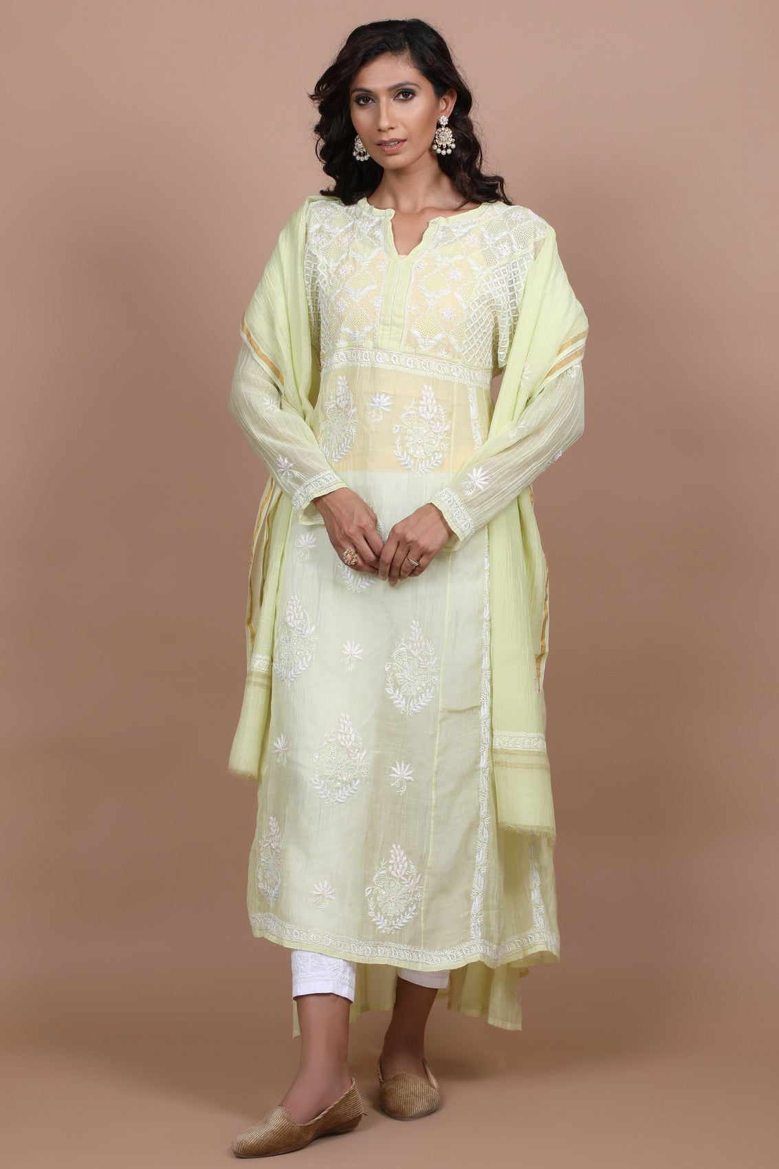 Ada Hand Embroidered Lime Green Chanderi Lucknowi Chikankari Semi-Stitched Anarkali Kurta Dupatta Set With Sequinned Work 01A243859