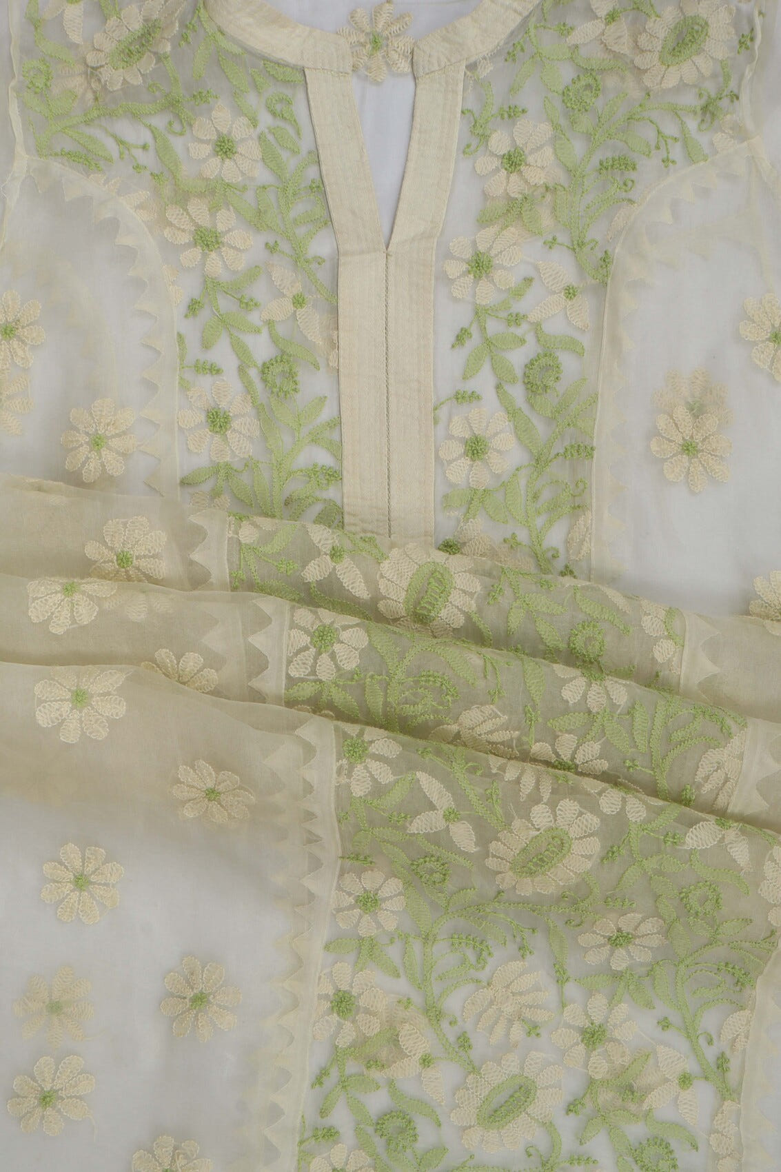 Ada Hand Embroidered Light Yellow Organza Lucknowi Chikankari Semi-stitched Kurta Dupatta Set A588002