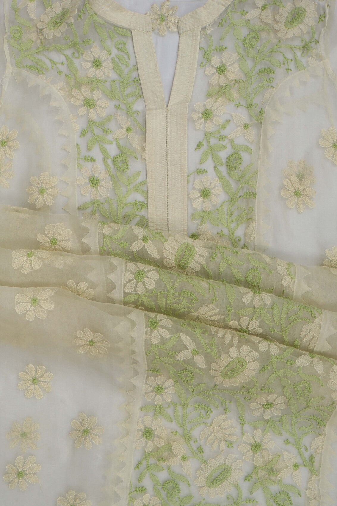 Ada Hand Embroidered Light Yellow Organza Lucknowi Chikankari Semi-stitched Kurta Dupatta Set A588002
