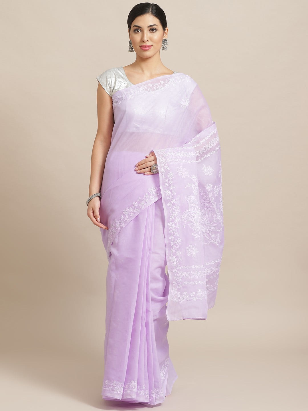 Ada Hand Embroidered Mauve Cotton Lucknow Chikan Saree with Blouse - A159239