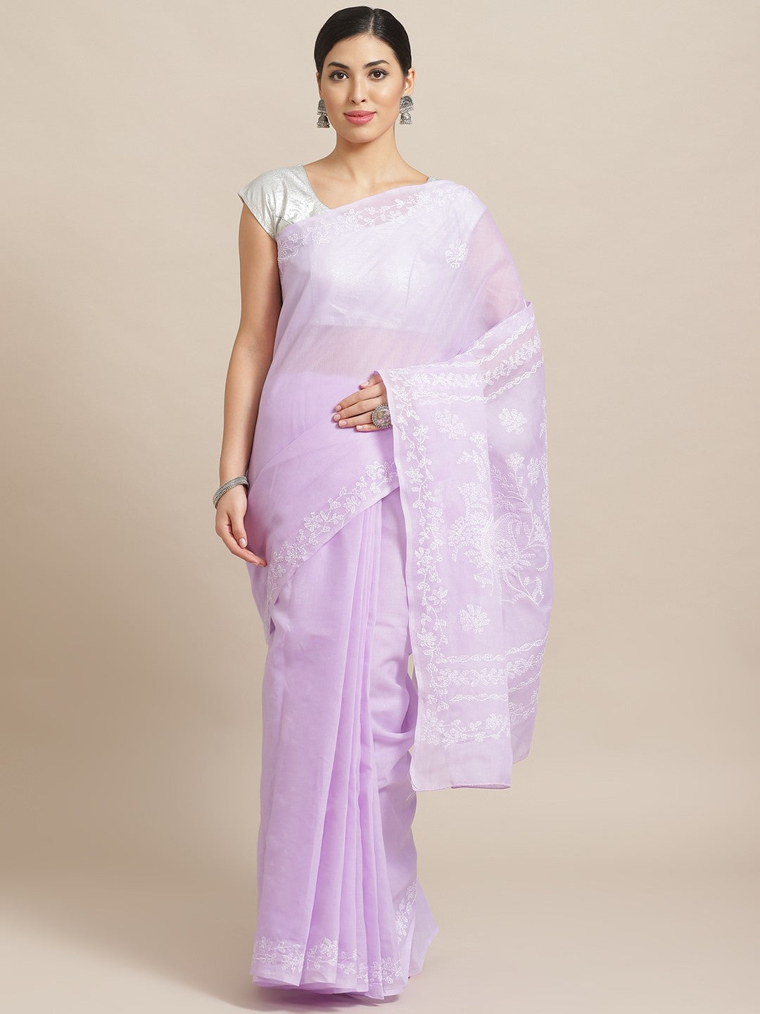 Ada Hand Embroidered Mauve Cotton Lucknow Chikan Saree with Blouse - A159239