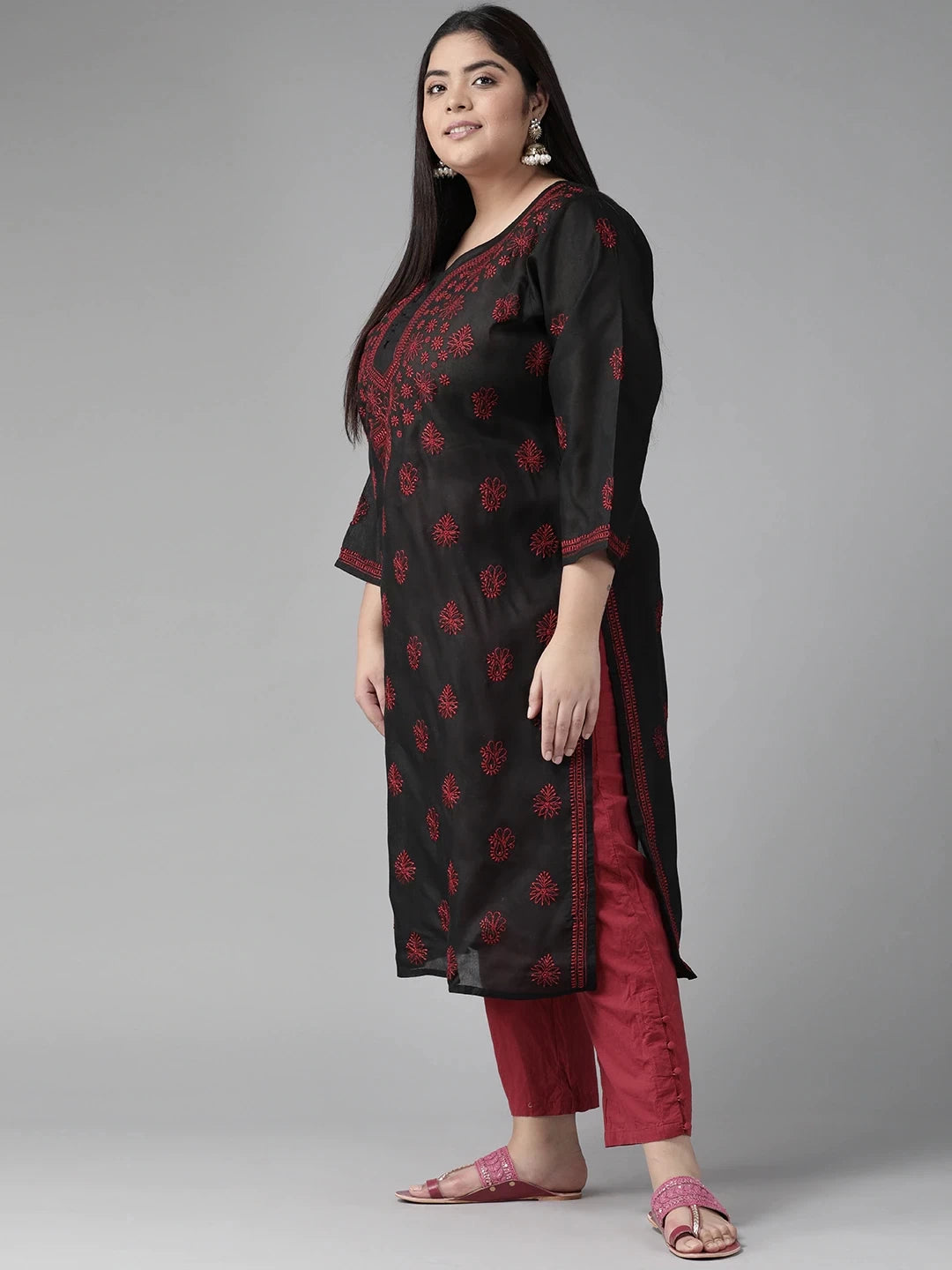 Ada Hand Embroidered Black Cotton Lucknowi Chikankari Straight Kurta A100407