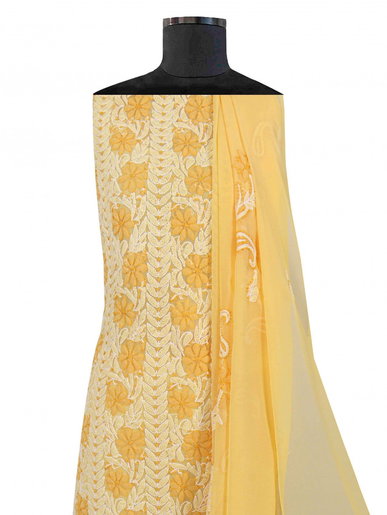 Ada Hand Embroidered Yellow Georgette Lucknowi Chikankari Unstitched Suit Piece With Parsi Work 01A196707