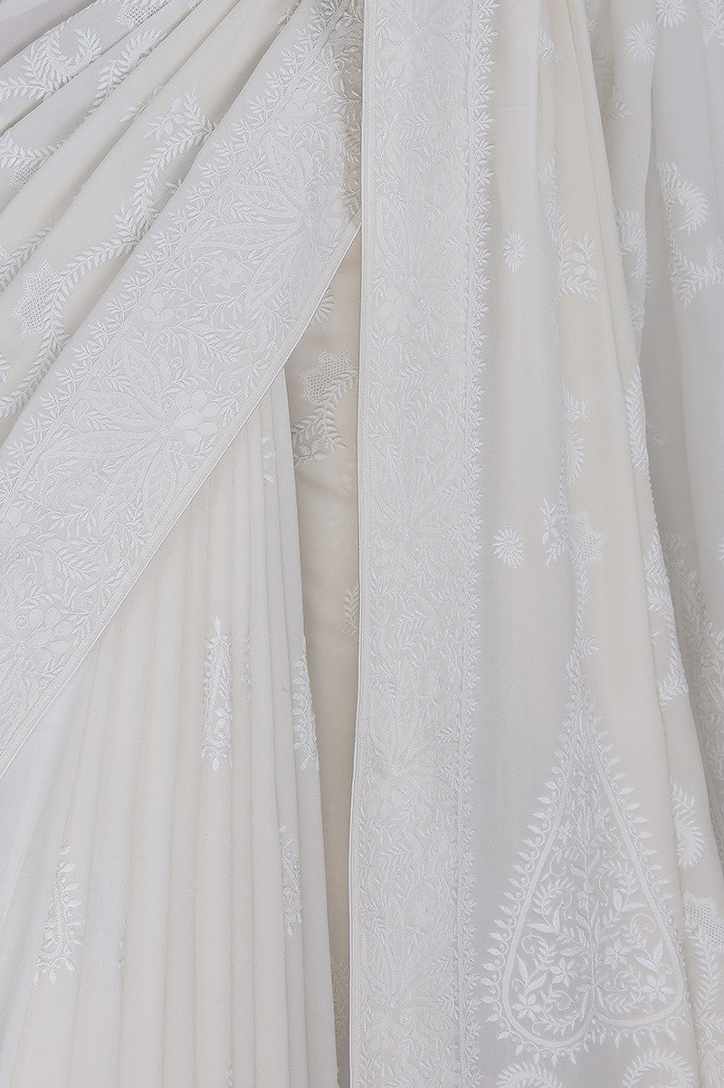 Ada Hand Embroidered White Pure Georgette Lucknowi Chikankari Saree with Blouse A296660