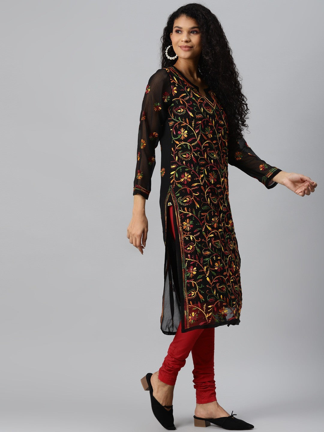 Ada Hand Embroidered Black Georgette Lucknowi Chikankari Straight Kurta Set With Slip A811195