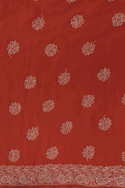 Ada Hand Embroidered Coral Red Georgette Lucknowi Chikankari Unstitched Suit Piece A612725