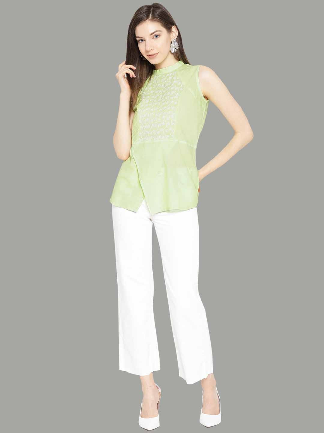 Ada Hand Embroidered Green Cotton Lucknow Chikan Top-A100077