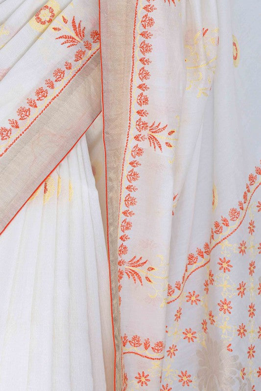 Ada Hand Embroidered Cream Chanderi Lucknowi Chikankari Saree With Blouse- A437929