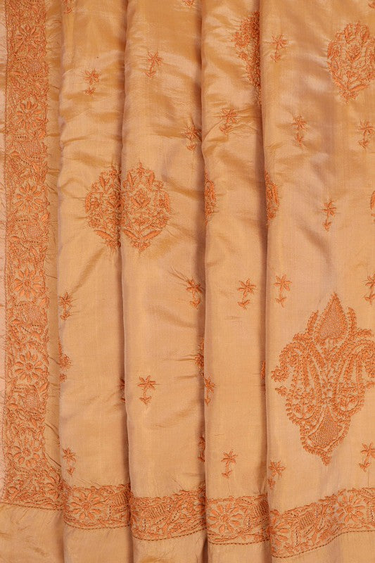 Ada Hand Embroidered Natural Dark Fawn Silk Lucknowi Chikankari Saree With Blouse 01A77505