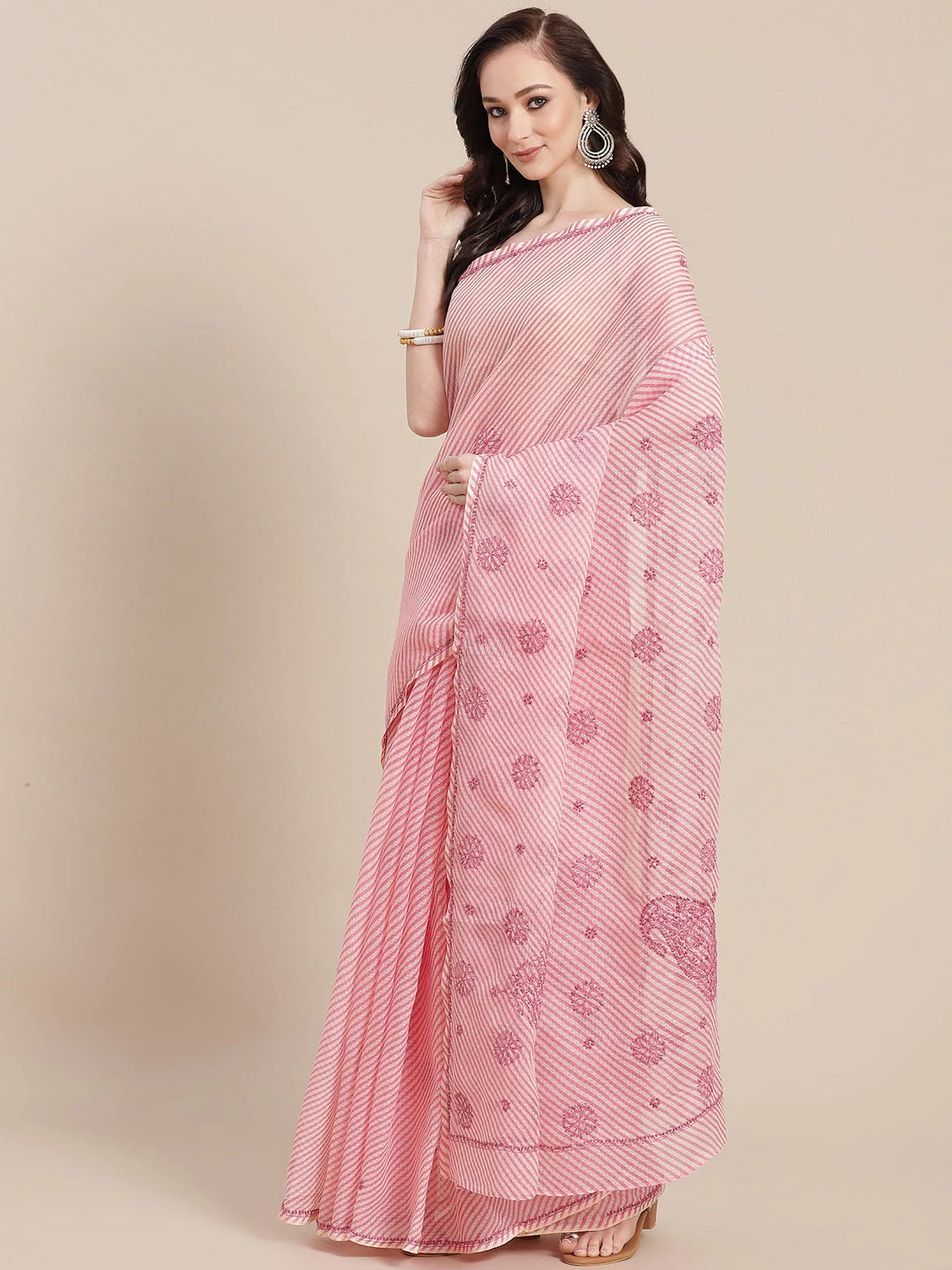 Ada Hand Embroidered Pink Kota Lucknow Chikan Saree With Blouse A311349
