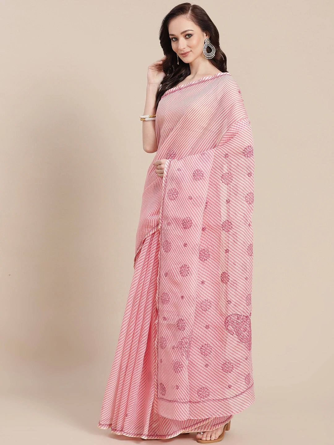 Ada Hand Embroidered Pink Kota Lucknow Chikan Saree With Blouse A311349