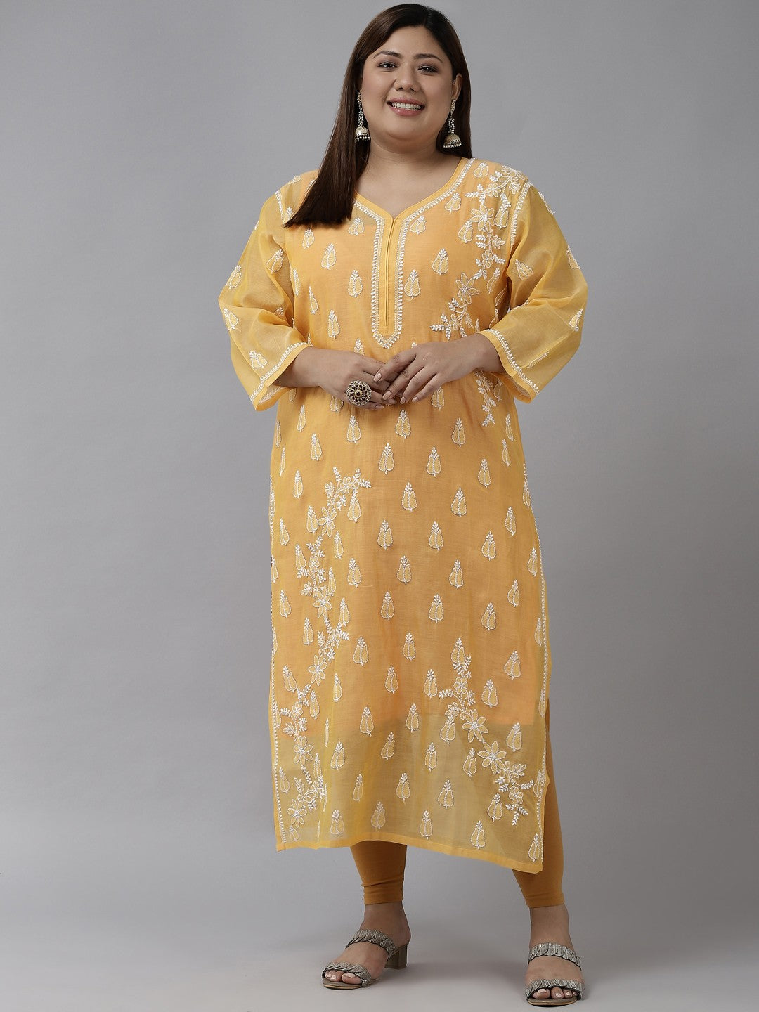 Ada Hand Embroidered Yellow Chanderi Lucknow Chikankari Straight  Kurta A411375