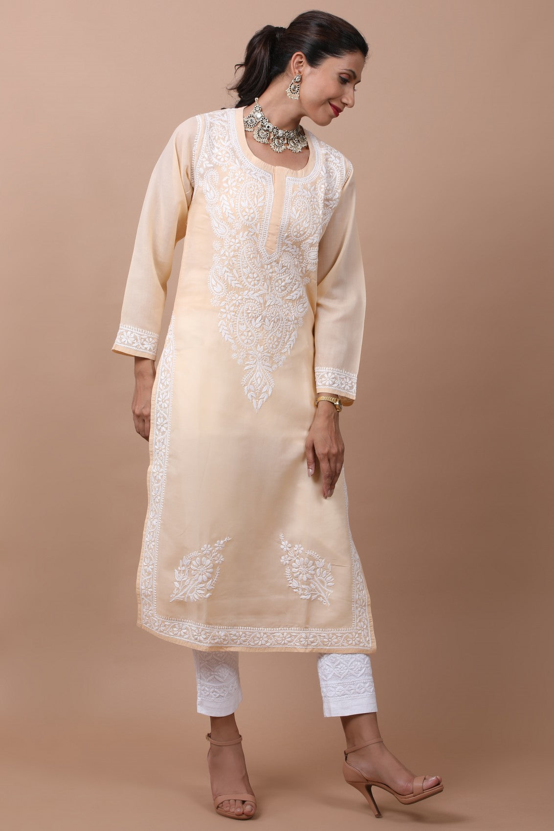 Ada Hand Embroidered Fawn Cotton Lucknowi Chikankari Straight Kurta A582030