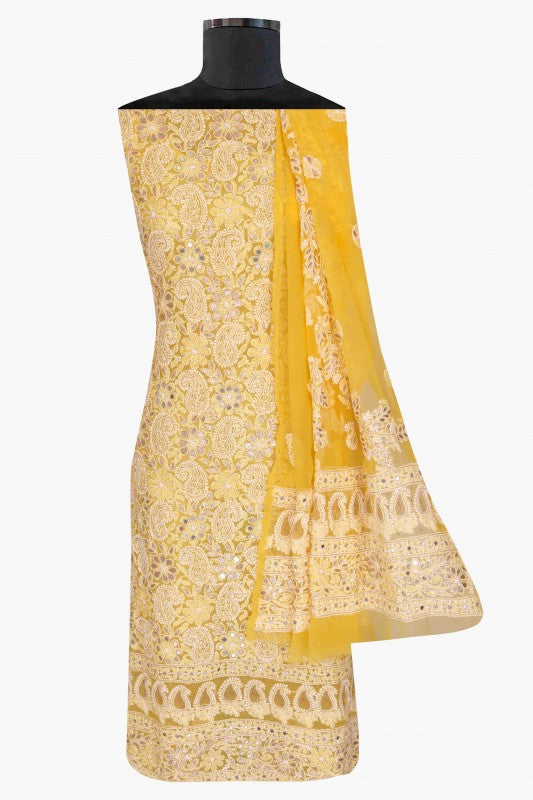 Ada Hand Embroidered Sunglow Yellow Georgette Lucknowi Chikan Unstitched Kurta Dupatta With Gota patti Work A602511