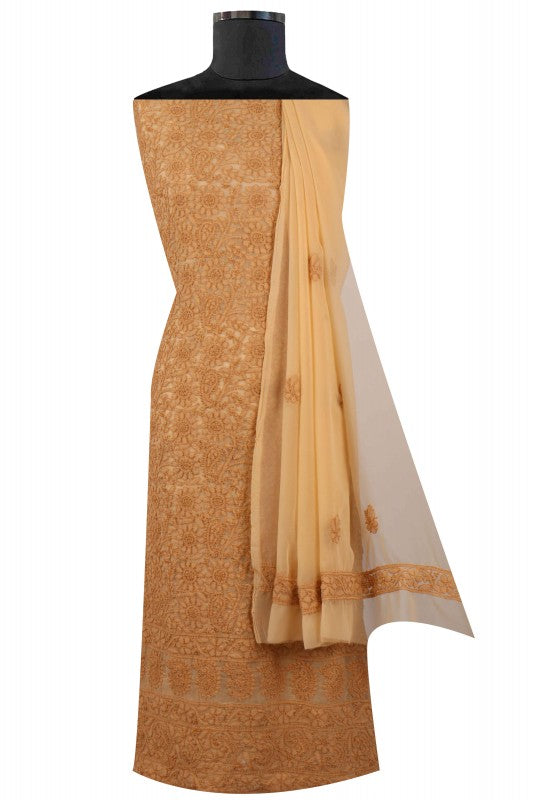 Ada Hand Embroidered Dark Fawn Georgette Lucknowi Chikan Unstitched Suit Piece A608172