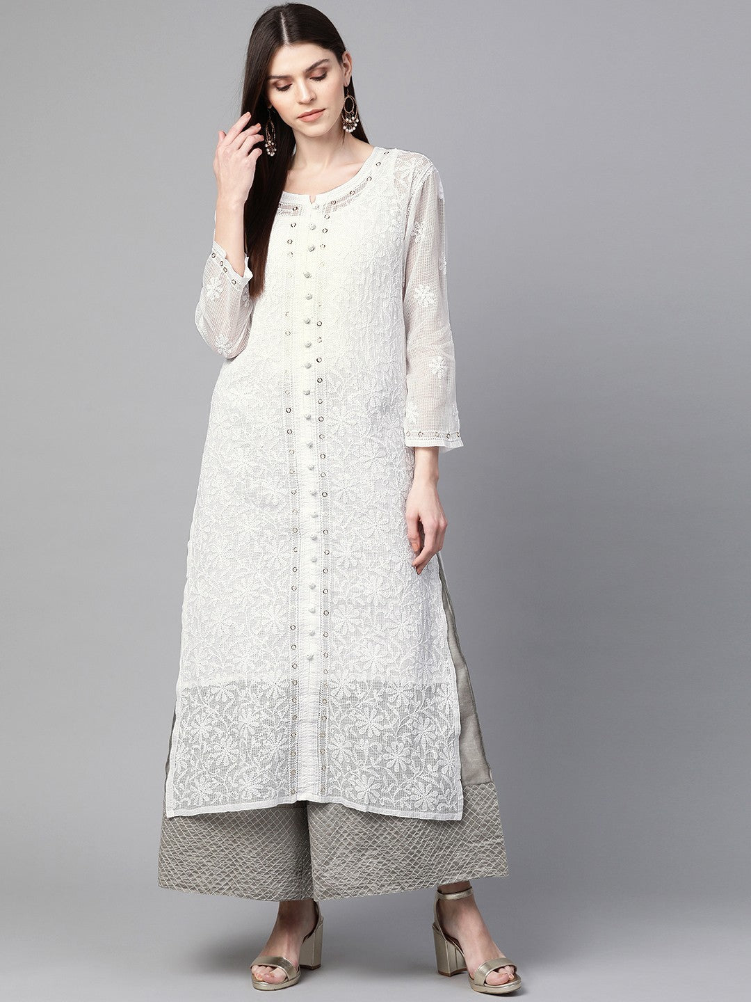 Ada Hand Embroidered White Kota Lucknowi Chikan straight Kurta/Slip With Muqaish Work– A100415