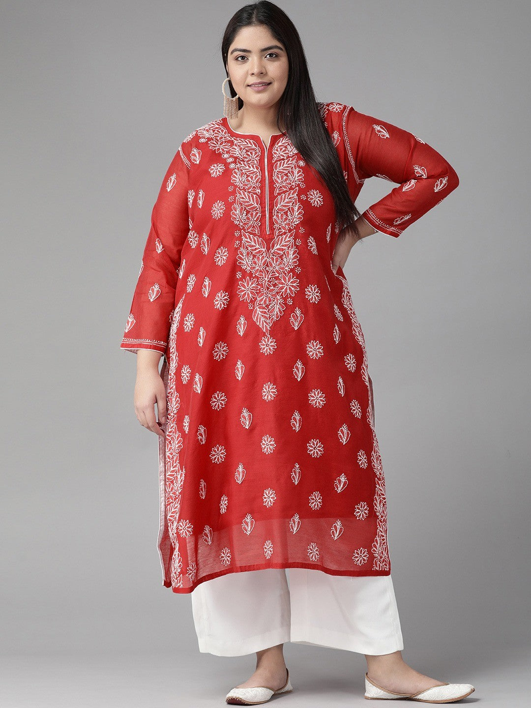 Ada Hand Embroidered Red Chanderi Lucknowi Chikankari Straight Kurta A411178