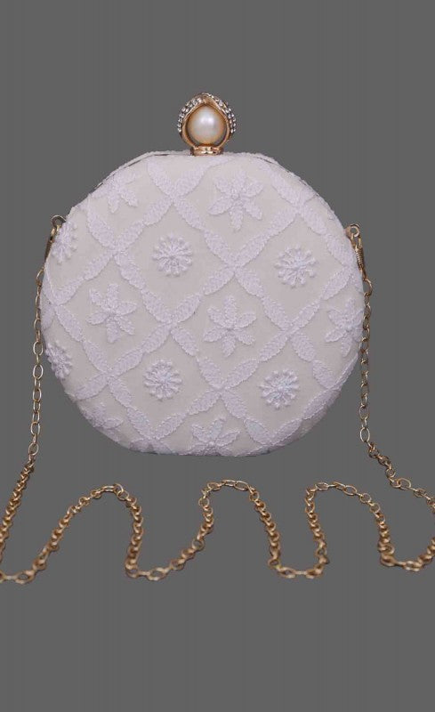 Ada Hand Embroidered White Pure Georgette Lucknow Chikankari Clutch- A548998