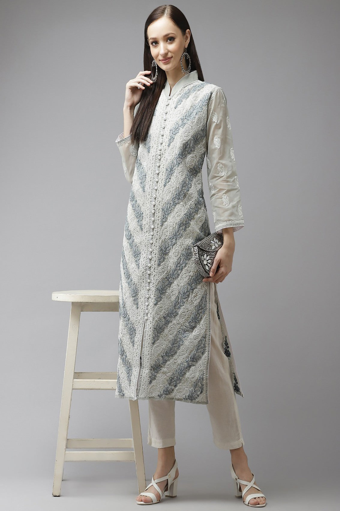 Ada Hand Embroidered Grey Cotton Lucknow Chikan Straight Kurta  A411320
