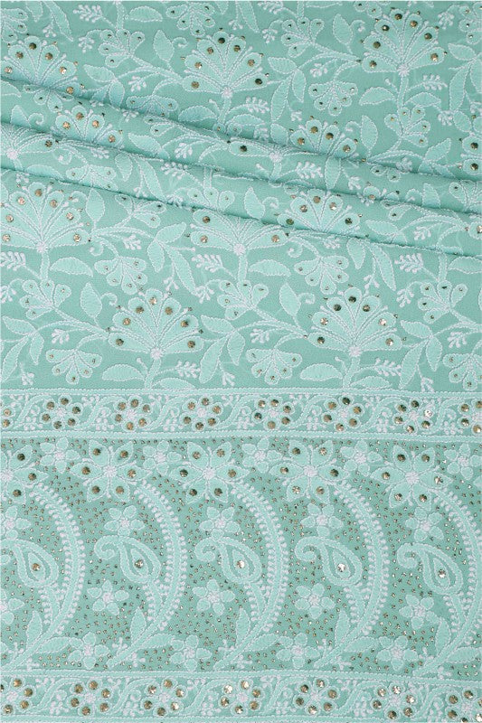 Ada Hand Embroidered Sea Green Pure Georgette Lucknowi Chikan Unstitched Kurta Dupatta With Muqaish Work–A594269