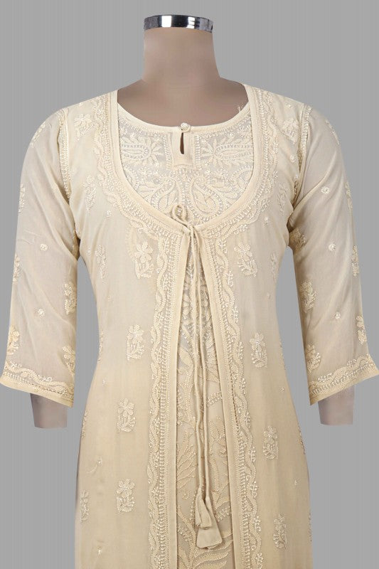 Ada Hand Embroidered Fawn Georgette Lucknowi Chikankari Front Open Kurta A616800