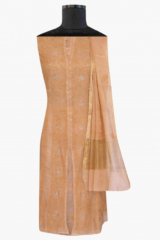 Ada Hand Embroidered Peach Tissue Lucknowi Chikankari Semi-stitched Kurta Dupatta Set With Muqaish Work-A588033