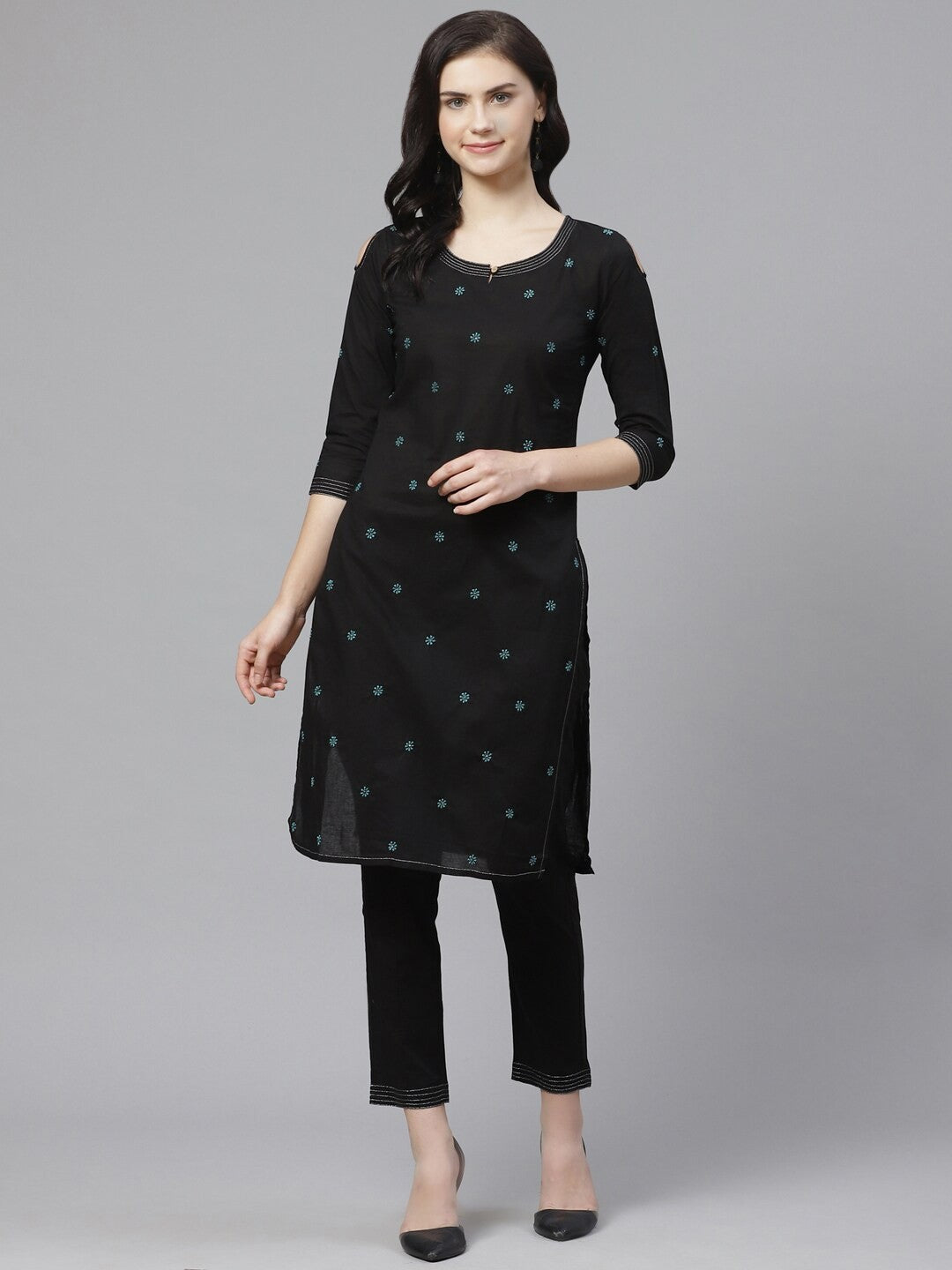 Ada Hand Embroidered Black Cotton Lucknowi Chikankari Straight Kurta/Trouser Set With Muqaish Work A100559