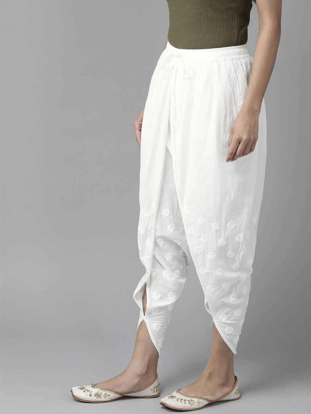 Ada Hand Embroidered White Cotton Lucknowi Chikankari Dhoti A711128