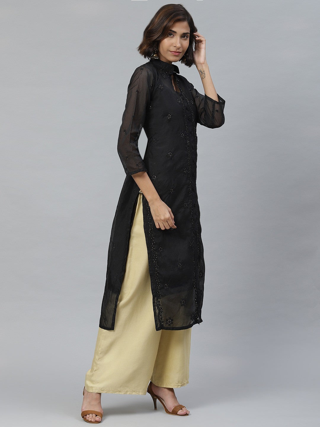 Ada Hand Embroidered Black Kota Lucknowi Chikankari Straight Kurta/Slip with Muqaish Work A411126